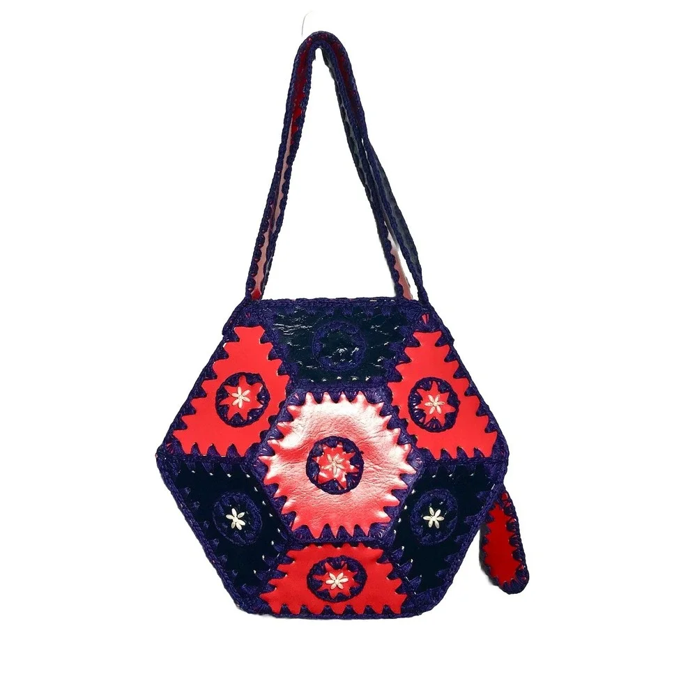Vtg‎ 1970s Boho Purse Crochet Hexagon Patchwork Leather Handbag Hippie Red Blue